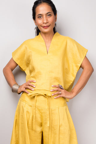 Handmade yellow linen women's t shirt tunic top. Yellow summer blouse top