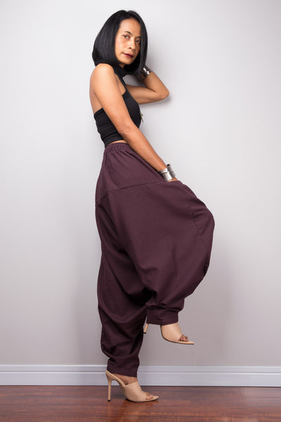 Harem pants | Unisex cotton pants | Loose fit burgundy trousers | Summer festival pants
