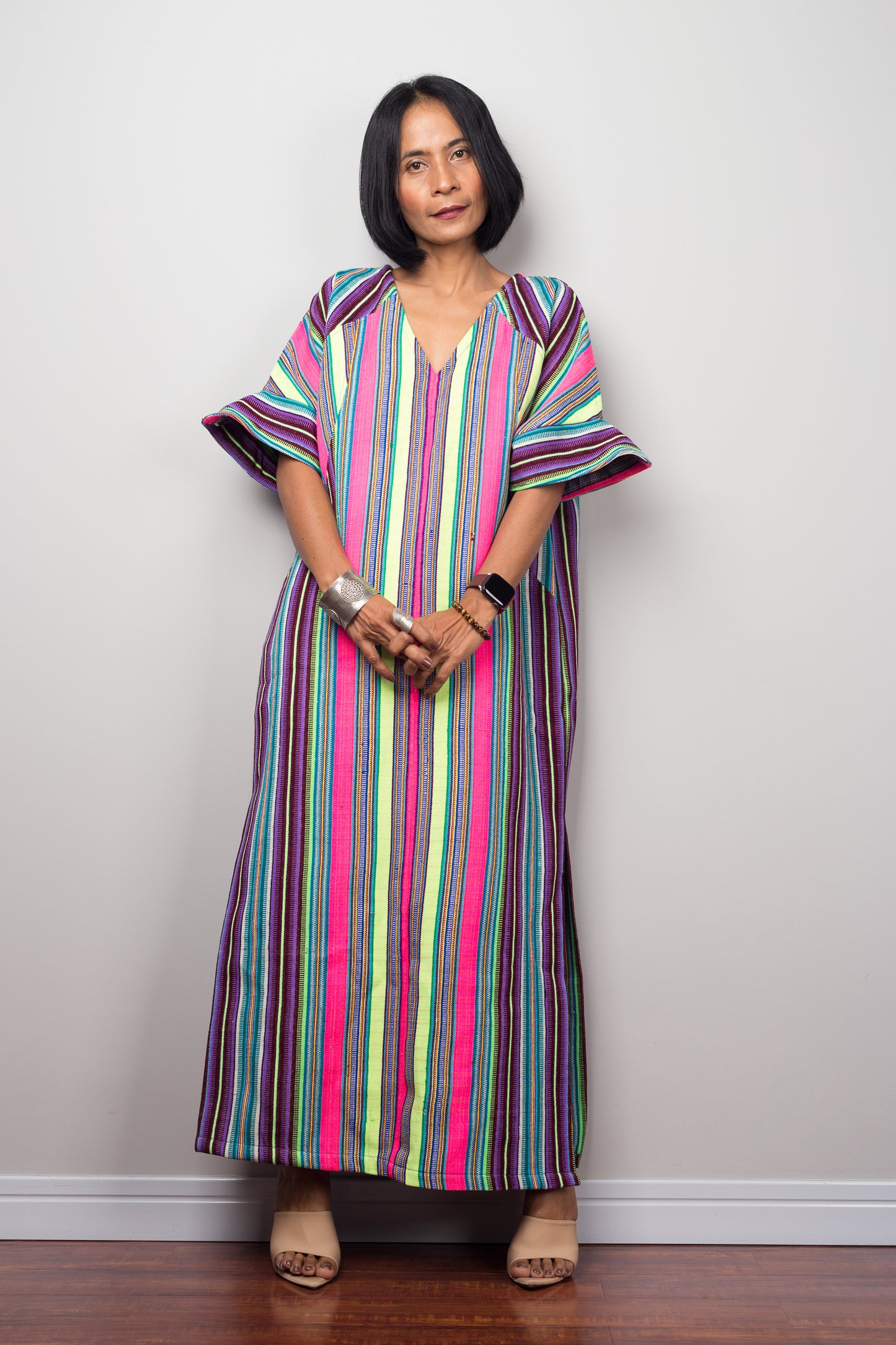 Striped Hill tribe kaftan dress with split by Nuichan