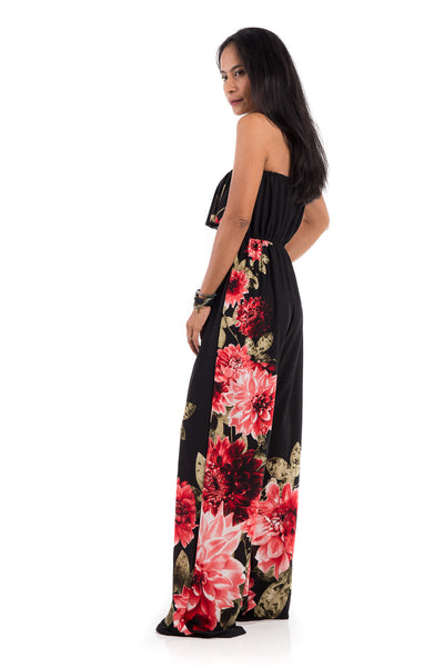  A gorgeous floral jumpsuit which can be worn strapless. This ruffle jumper has elastic on the top part and around the waist to ensure a perfect fit.