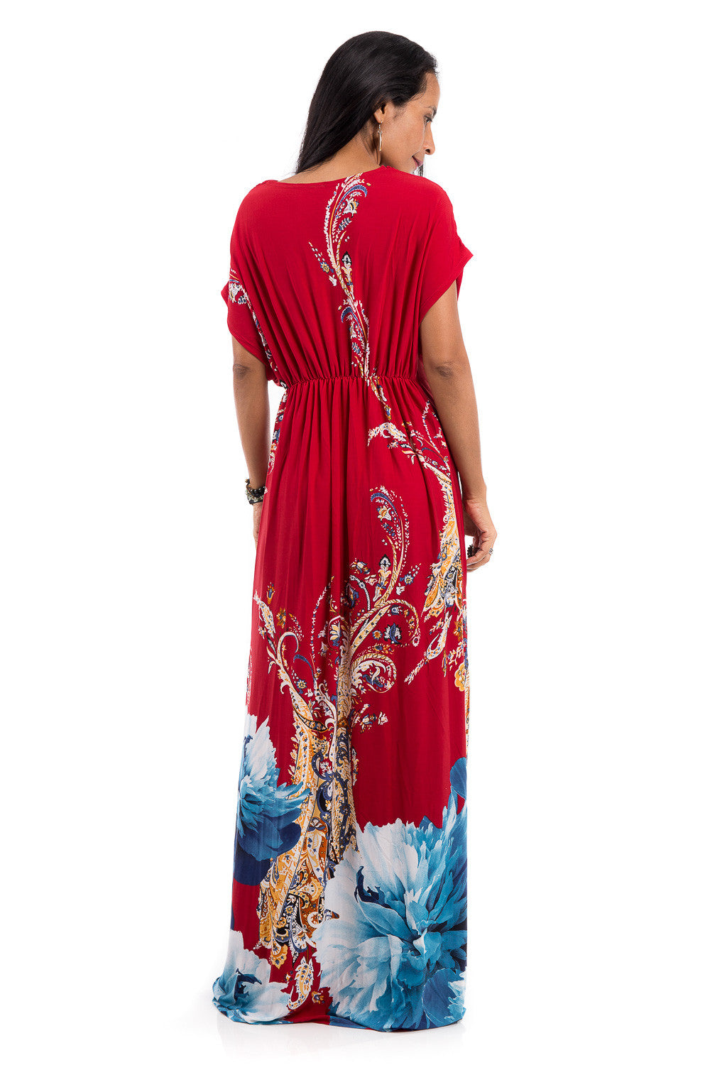 Red kimono top dress with short sleeves. Big flower print dress with high waist.