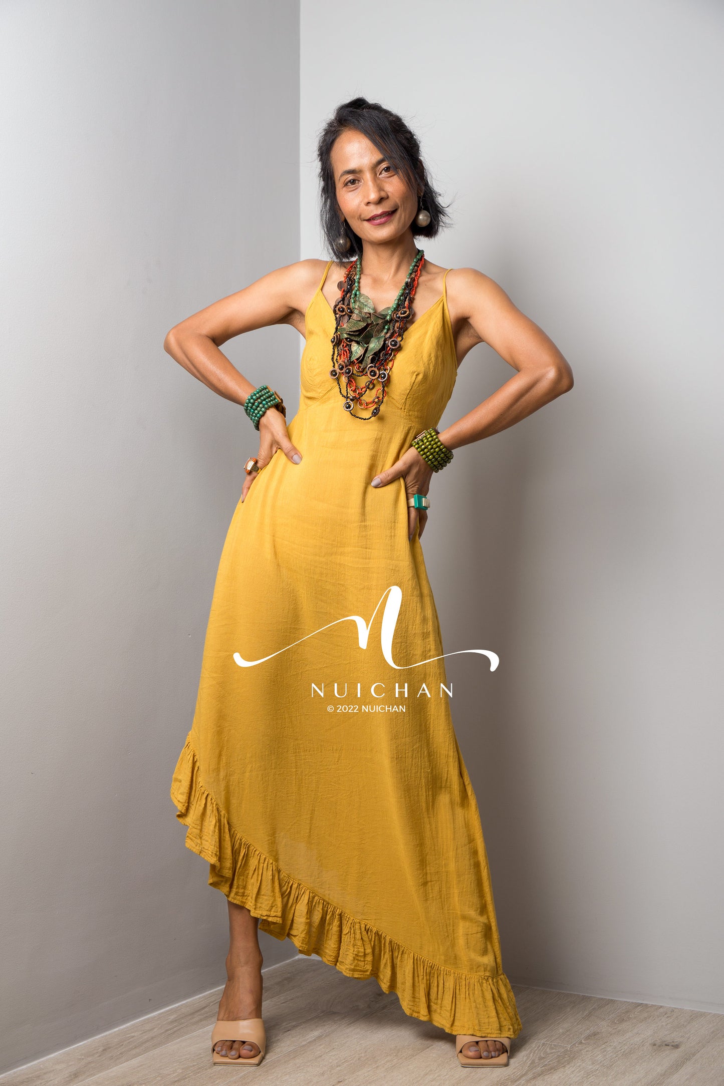 Nuichan Women's cotton strap dress | Summer beach dress in yellow
