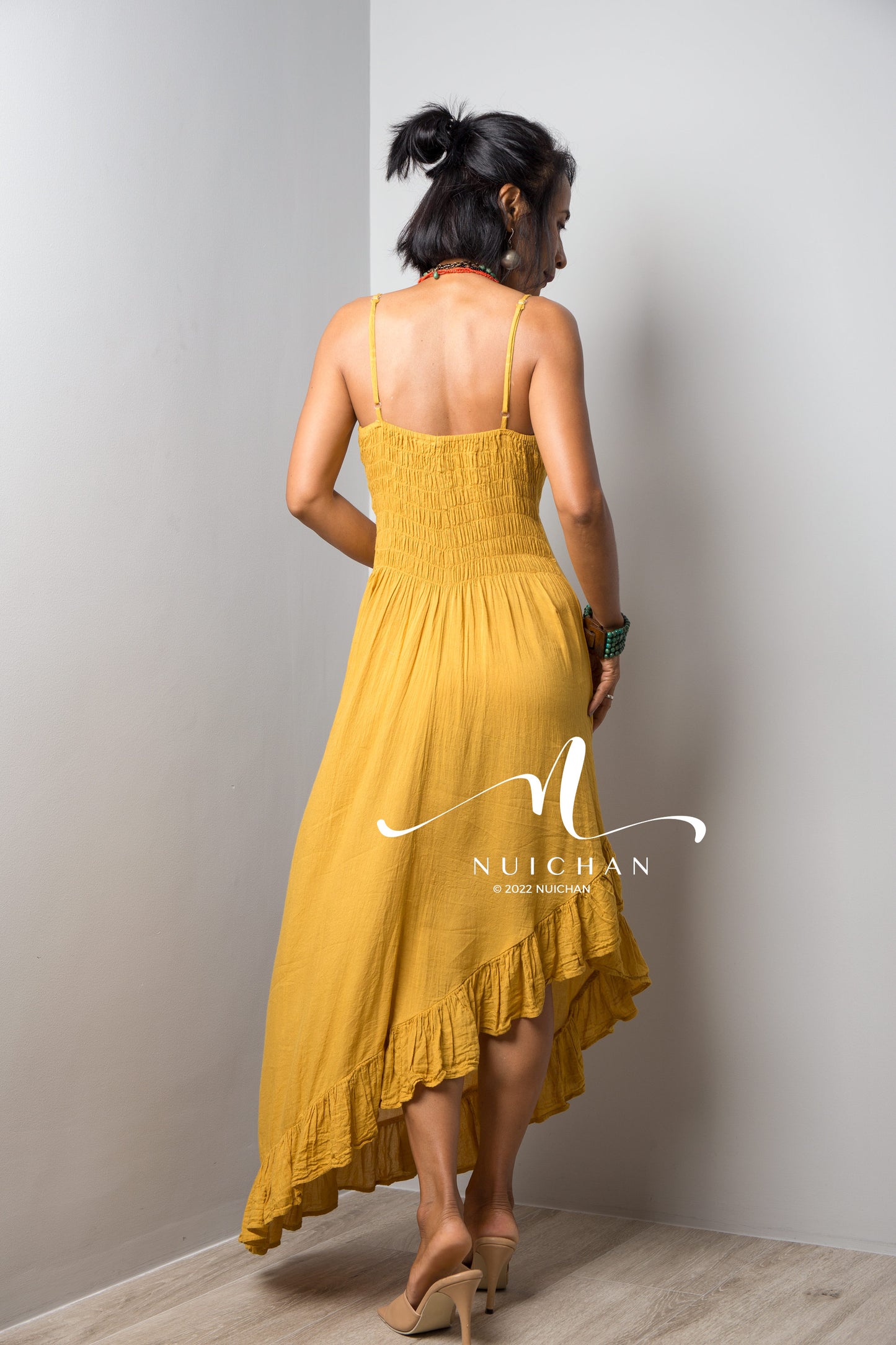 Nuichan Women's cotton strap dress | Summer beach dress in yellow