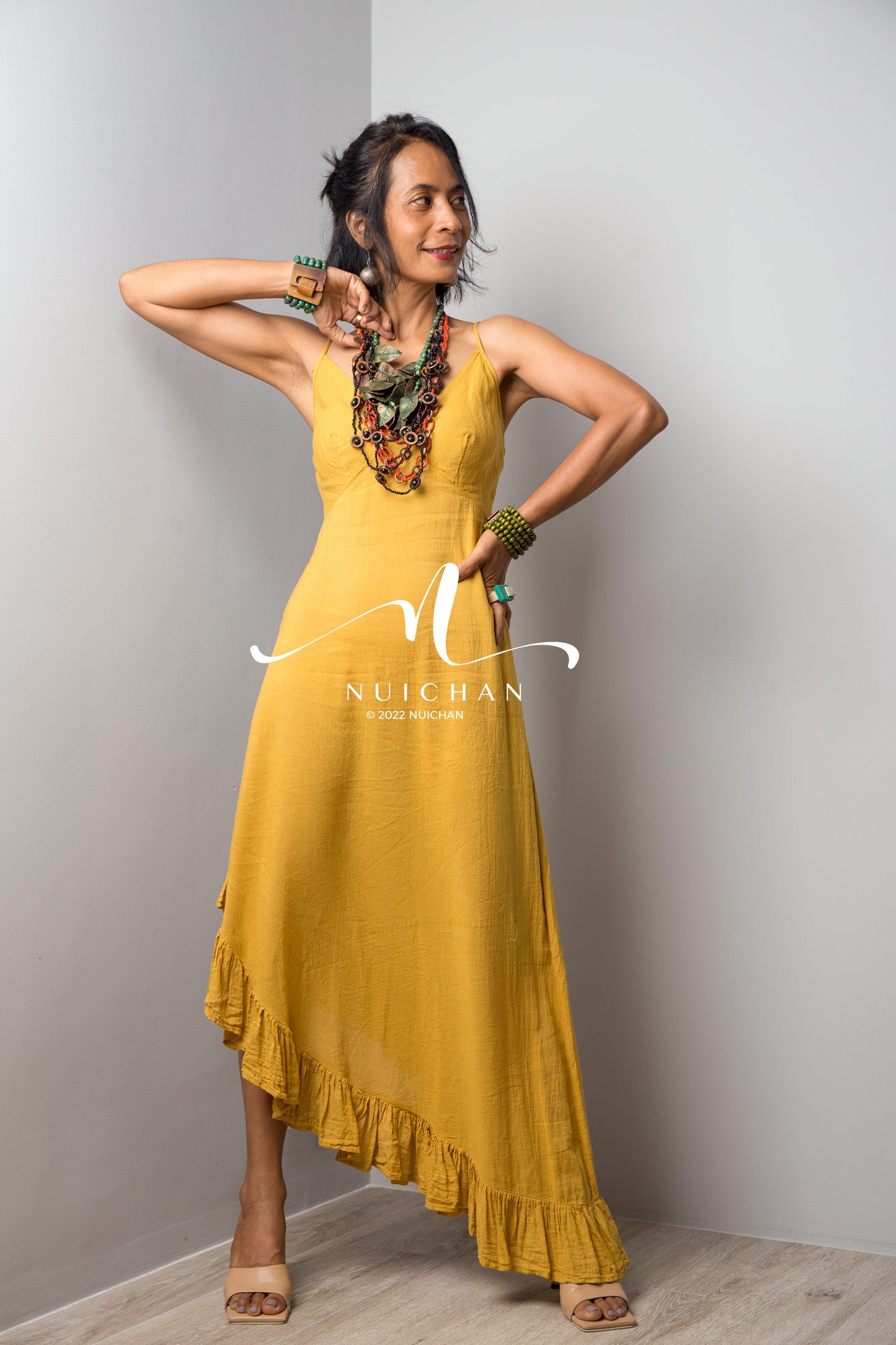 Nuichan Women's cotton strap dress | Summer beach dress in yellow