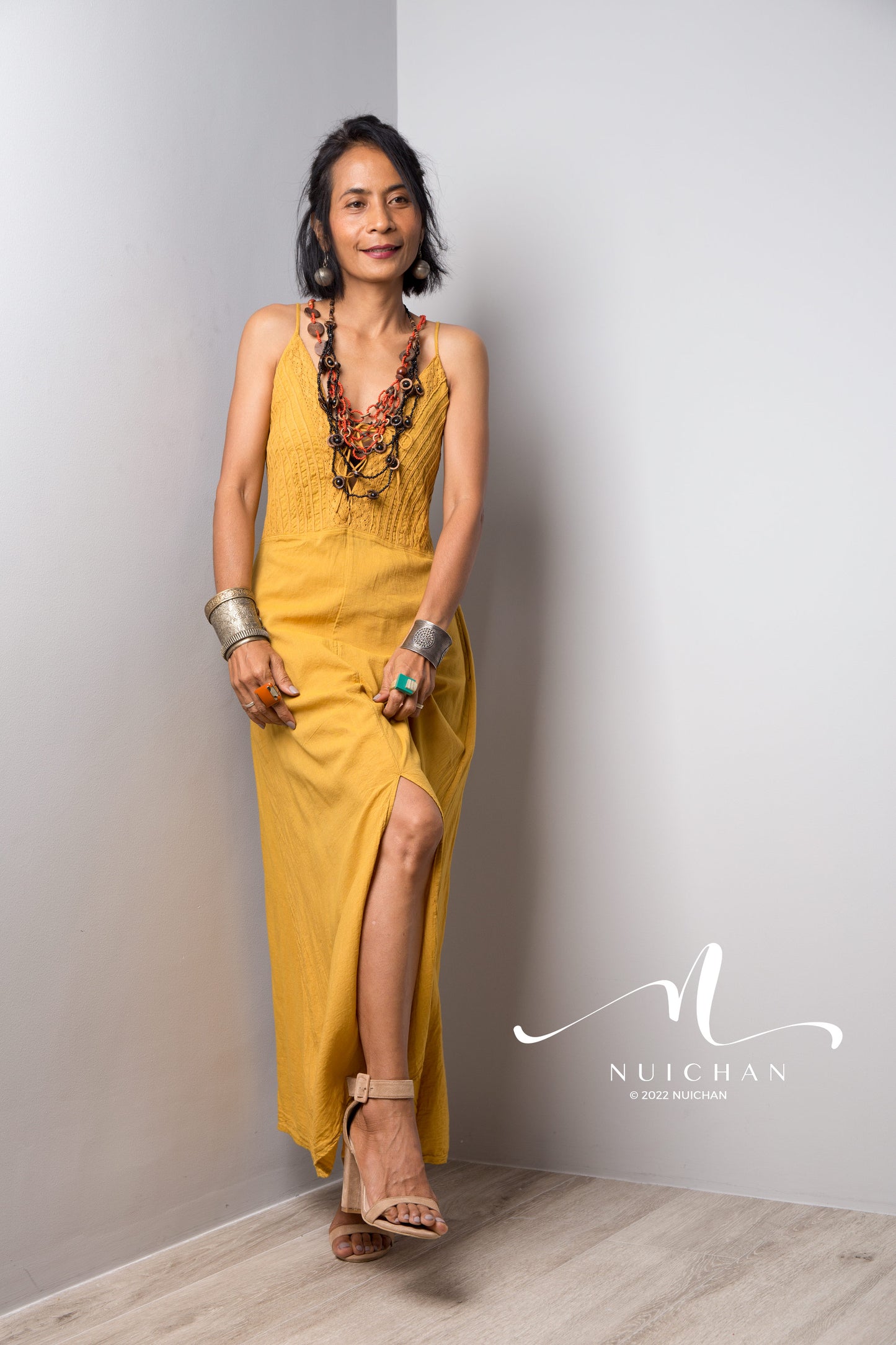 Nuichan Women's Cotton yellow slit dress | Boho summer dress