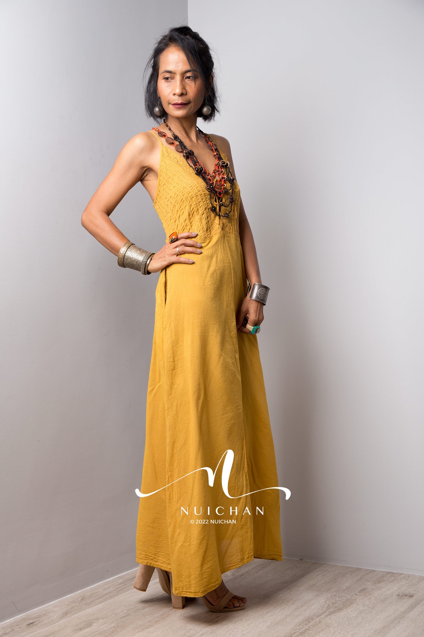 Nuichan Women's Cotton yellow slit dress | Boho summer dress