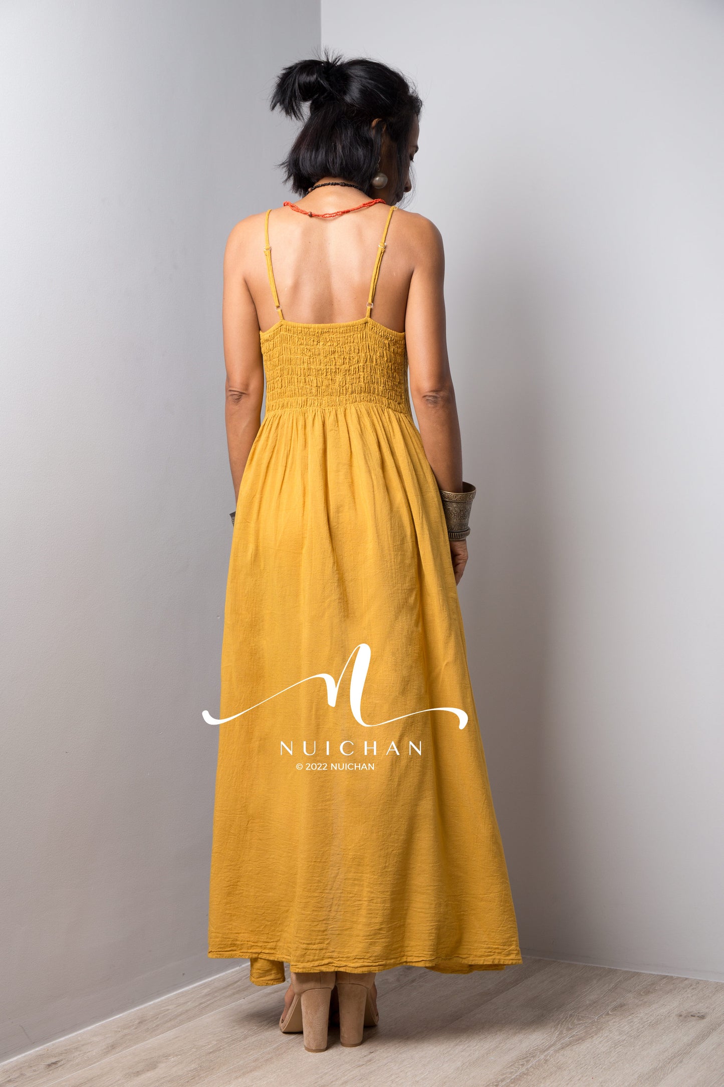 Nuichan Women's Cotton yellow slit dress | Boho summer dress