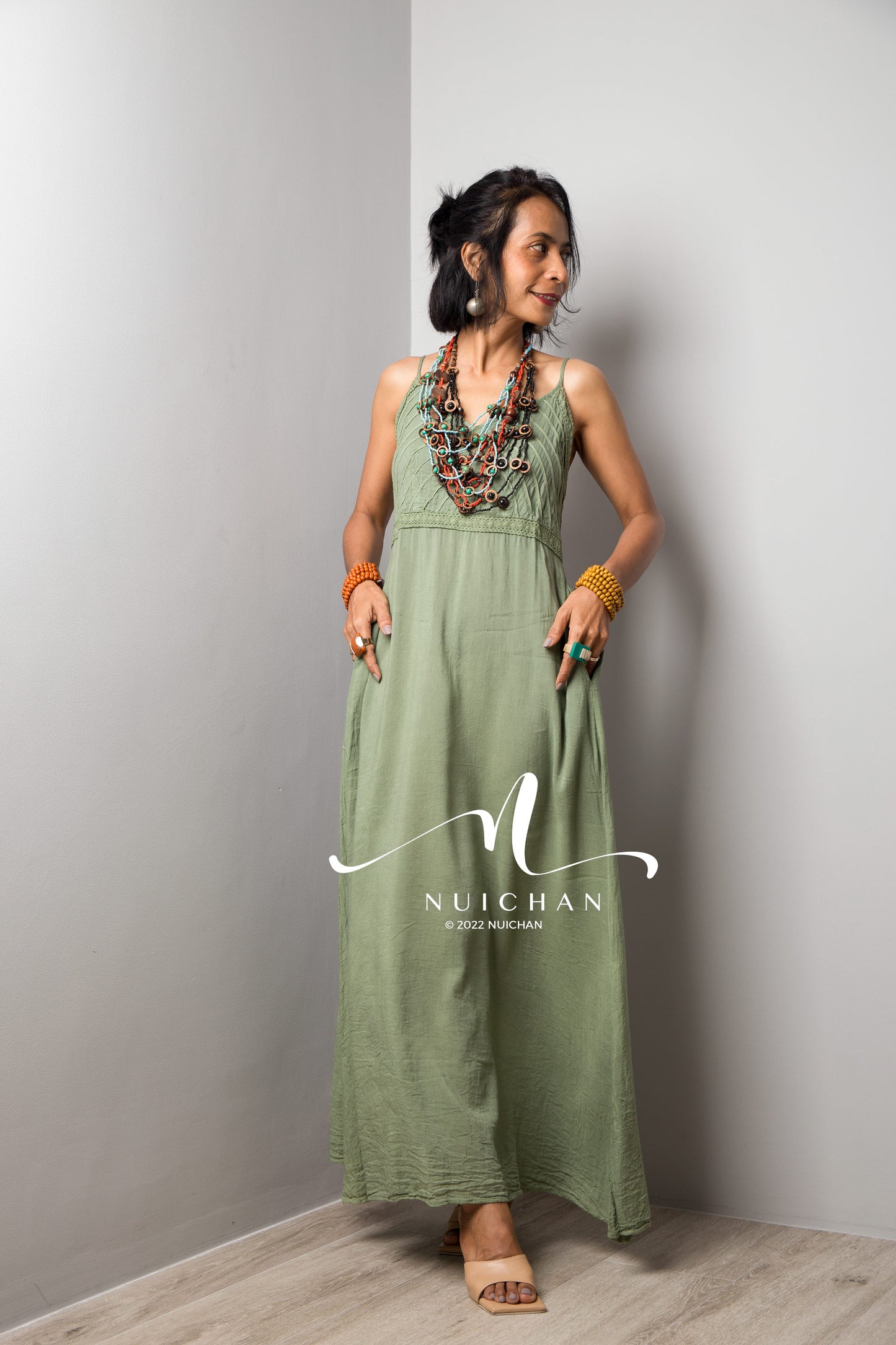 Nuichan Women's Cotton cami dress | Soft green cotton slip dress