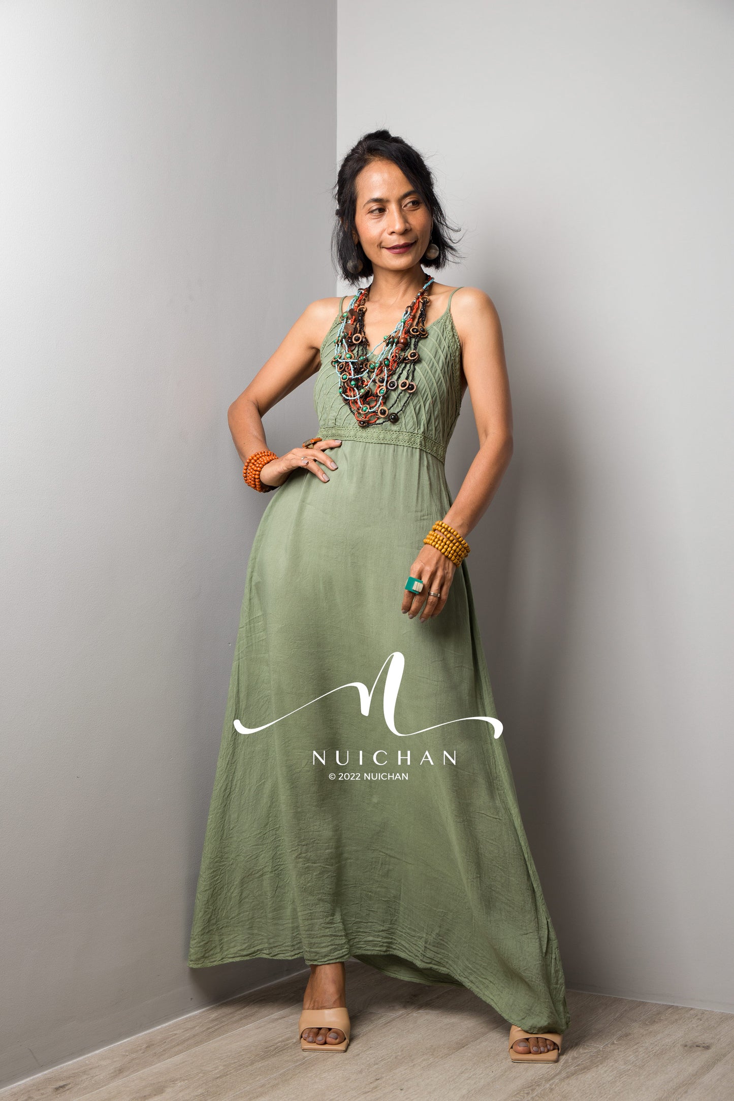 Nuichan Women's Cotton cami dress | Soft green cotton slip dress