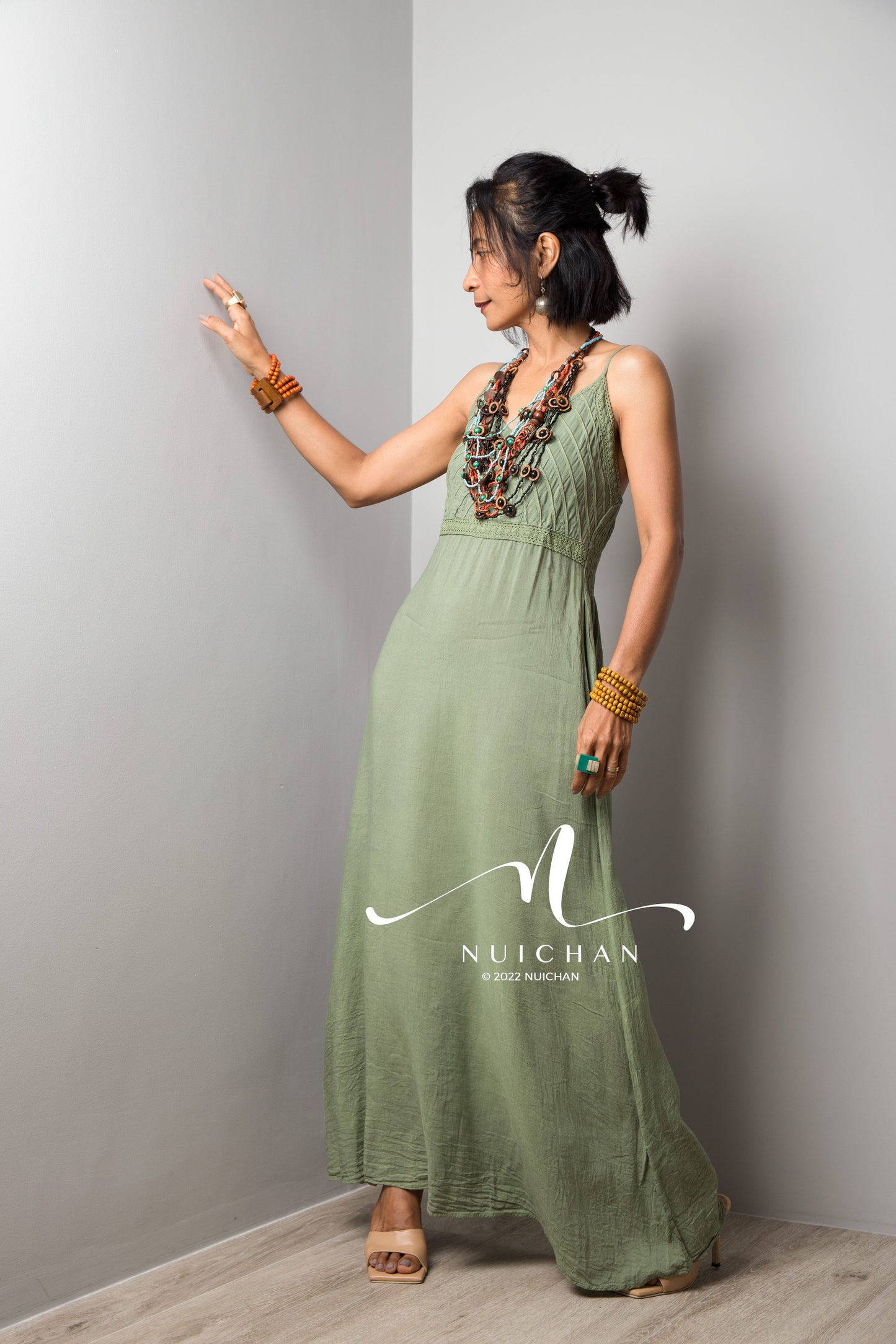 Nuichan Women's Cotton cami dress | Soft green cotton slip dress