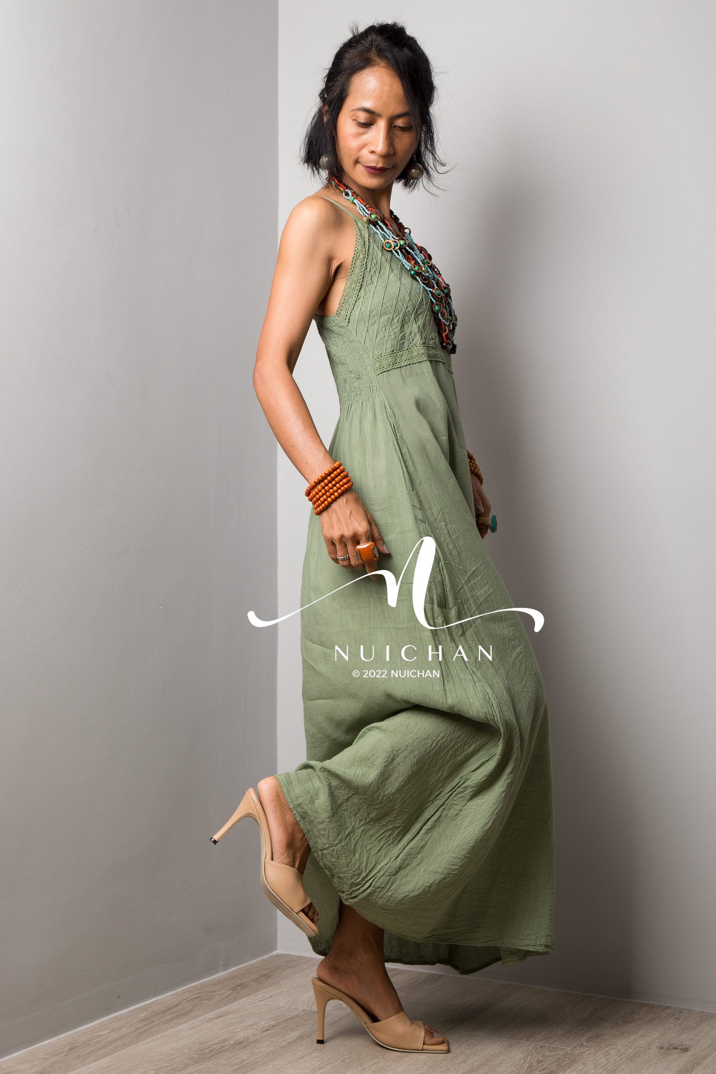 Nuichan Women's Cotton cami dress | Soft green cotton slip dress