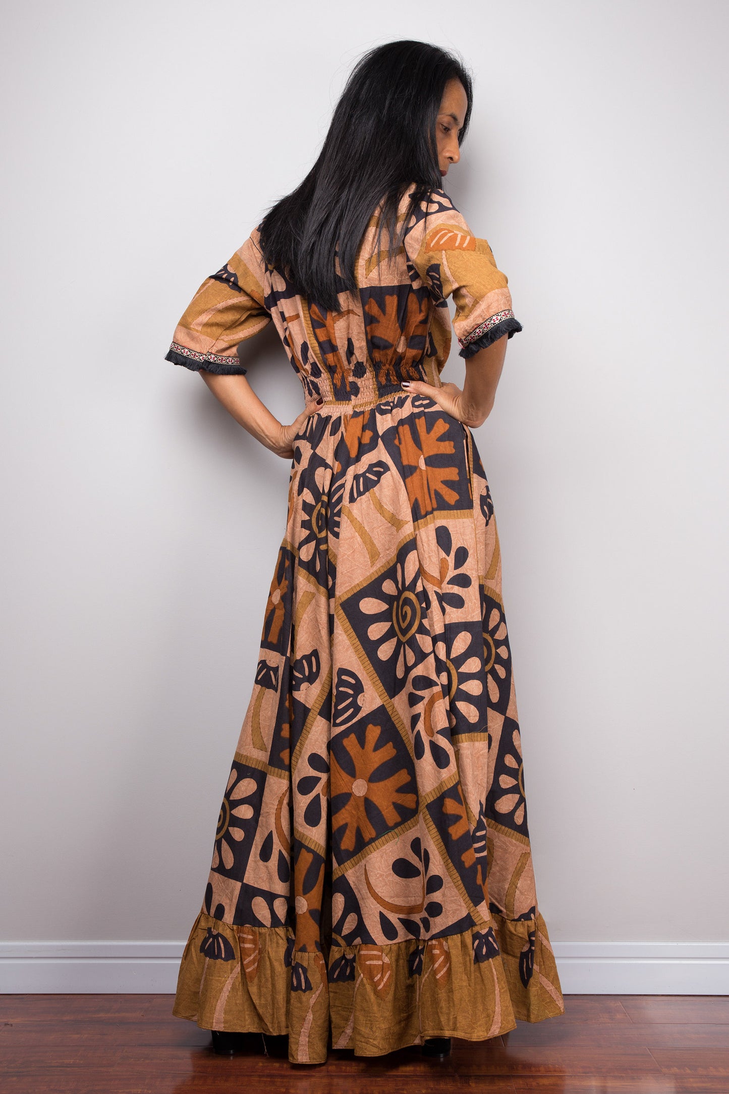 Boho Baumwoll-Maxikleid mit Taschen