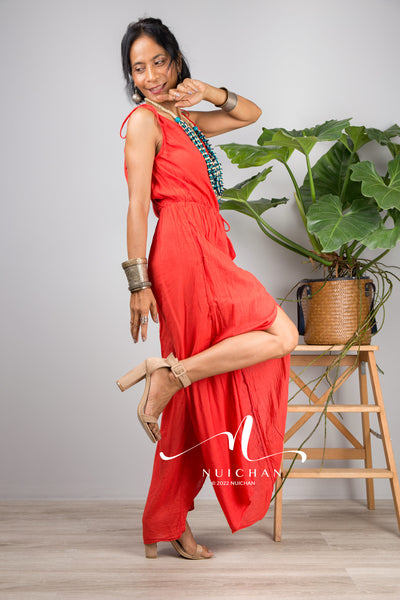 Nuichan women's cotton jumpsuit | Red cotton cami jumper with splits