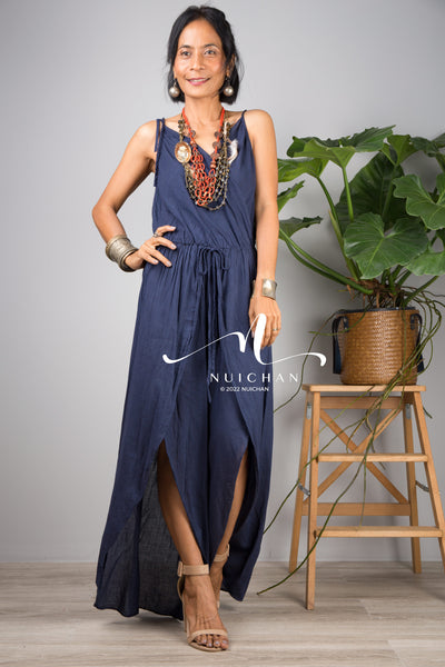 Nuichan women's cotton jumpsuit | Blue cotton cami jumper with splits