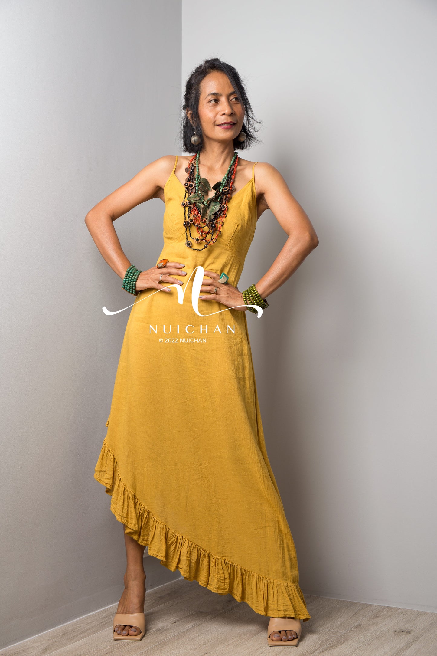 Nuichan Women's cotton strap dress | Summer beach dress in yellow