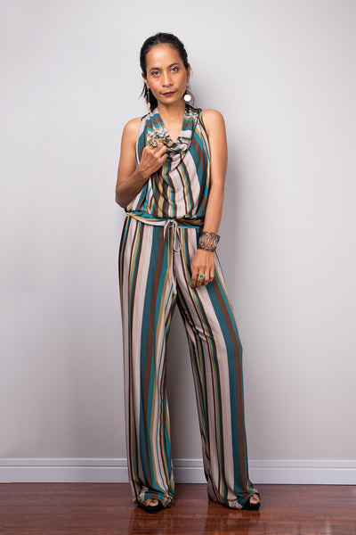 Striped Jumpsuit | Halter top with cowl neck jumper