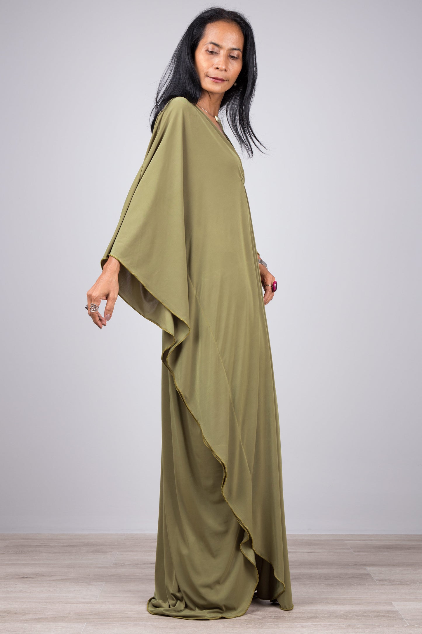 Large Green Kaftan. Olive green kimono batwing caftan dress