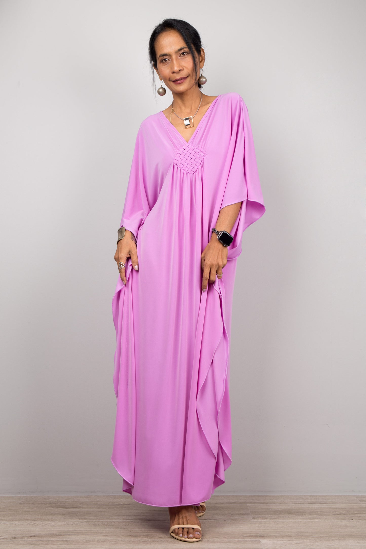Petite caftan dress by Nuichan. Pink kaftan dress for petite women