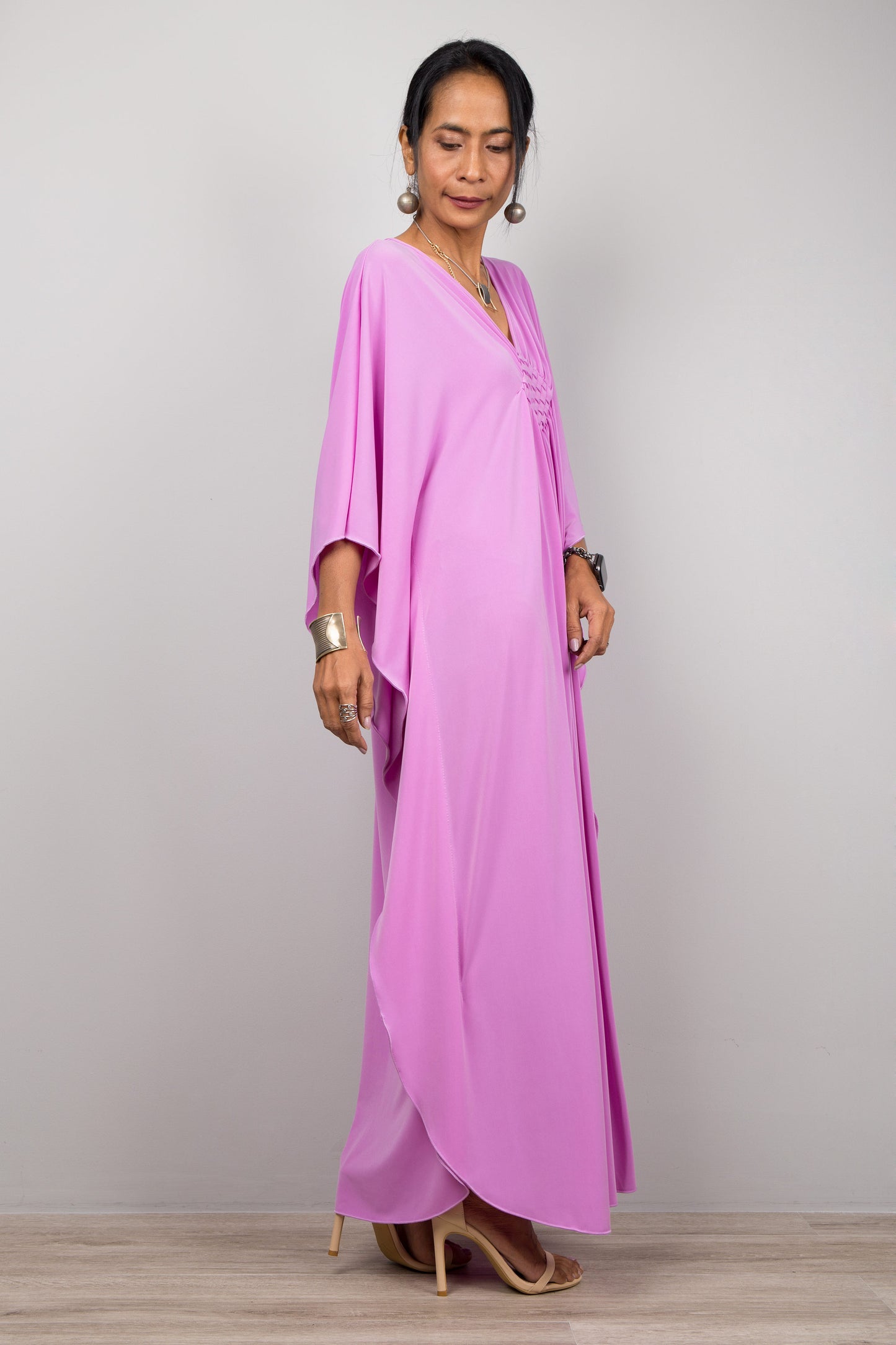 Pink purple kaftan dress by Nuichan for petite women. V neck and embroidered chest detail.