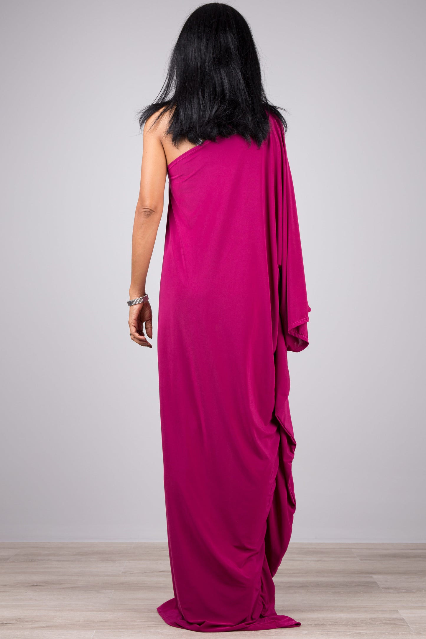 One shoulder pink dress by Nuichan. Off the shoulder party dress.