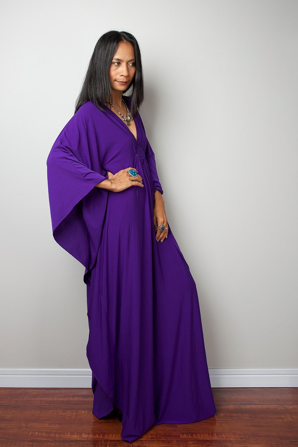 Orchid purple kaftan dress for women. Deep plunging neckline with embroidered diamond shaped chest detail