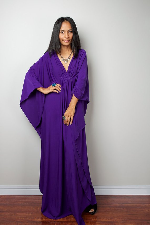 Purple caftan dress with v neck and batwing sleeves