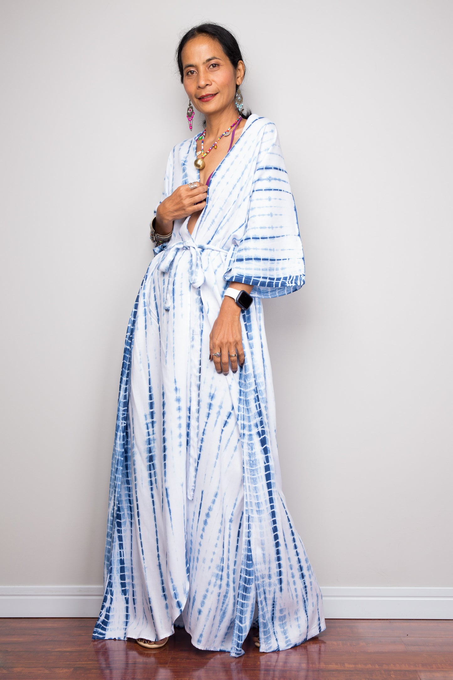 Indigo tie dye cardigan. Open front cardigan with sash. Front view
