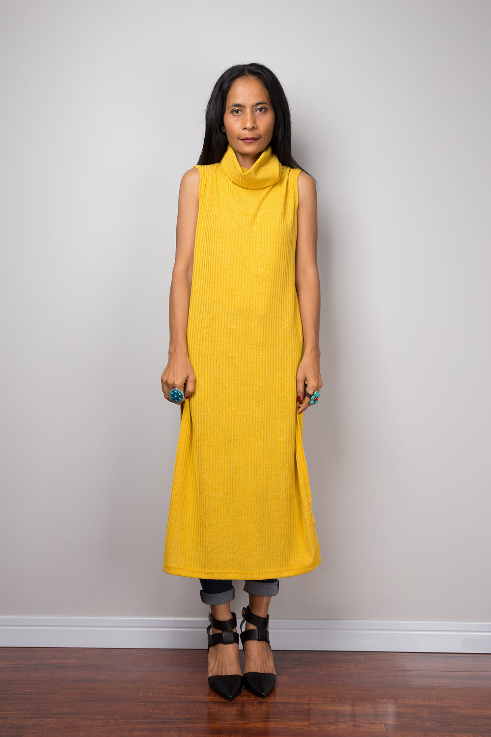 Yellow dress, Mid length turtleneck dress, Split dress, Sleeveless dress, knitted Yellow dress Yellow dress, Mid length turtleneck dress, Split dress, Sleeveless dress, knitted Yellow dress