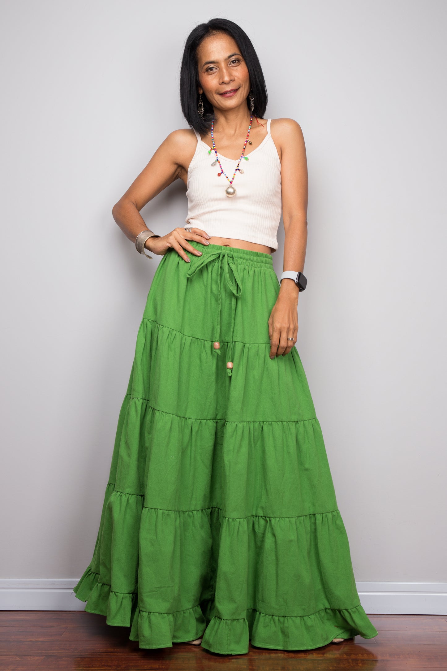 Cotton tiered skirt. Green maxi skirt by Nuichan