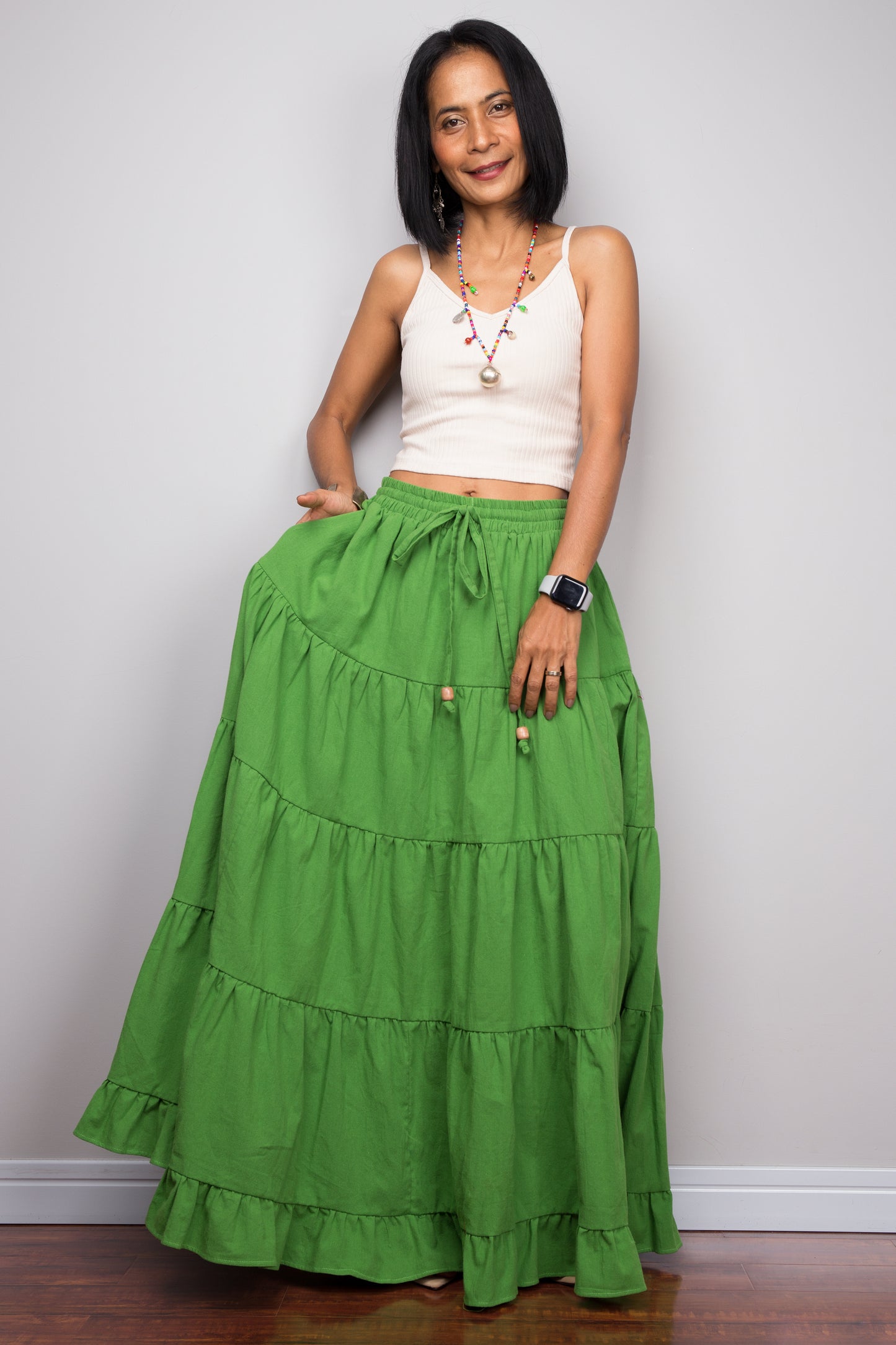 Cotton tiered skirt. Green maxi skirt by Nuichan