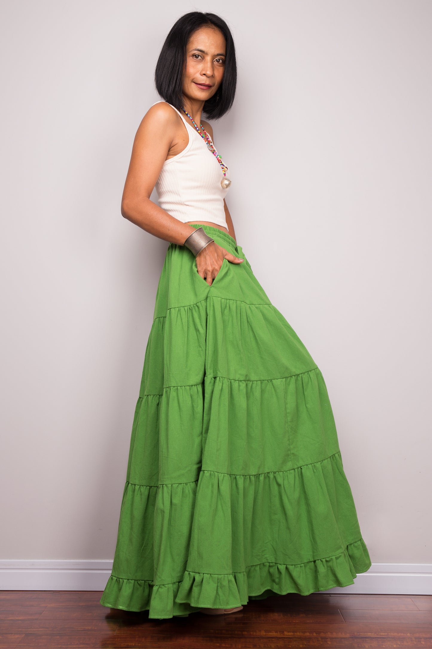 Cotton tiered skirt. Green maxi skirt by Nuichan