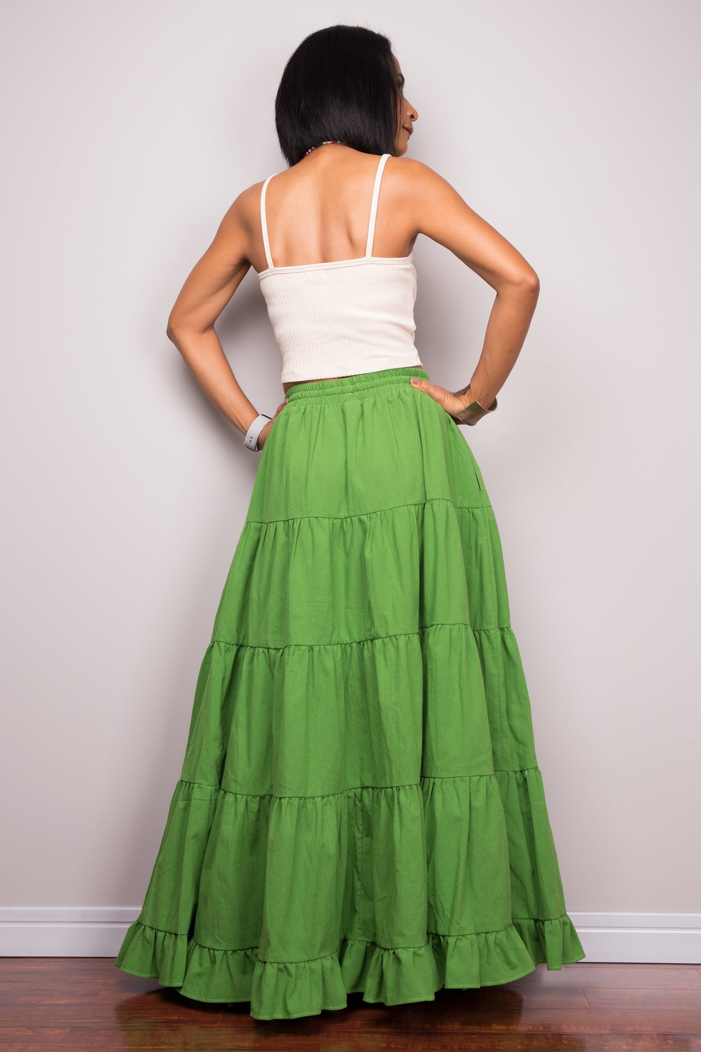 Cotton tiered skirt. Green maxi skirt by Nuichan