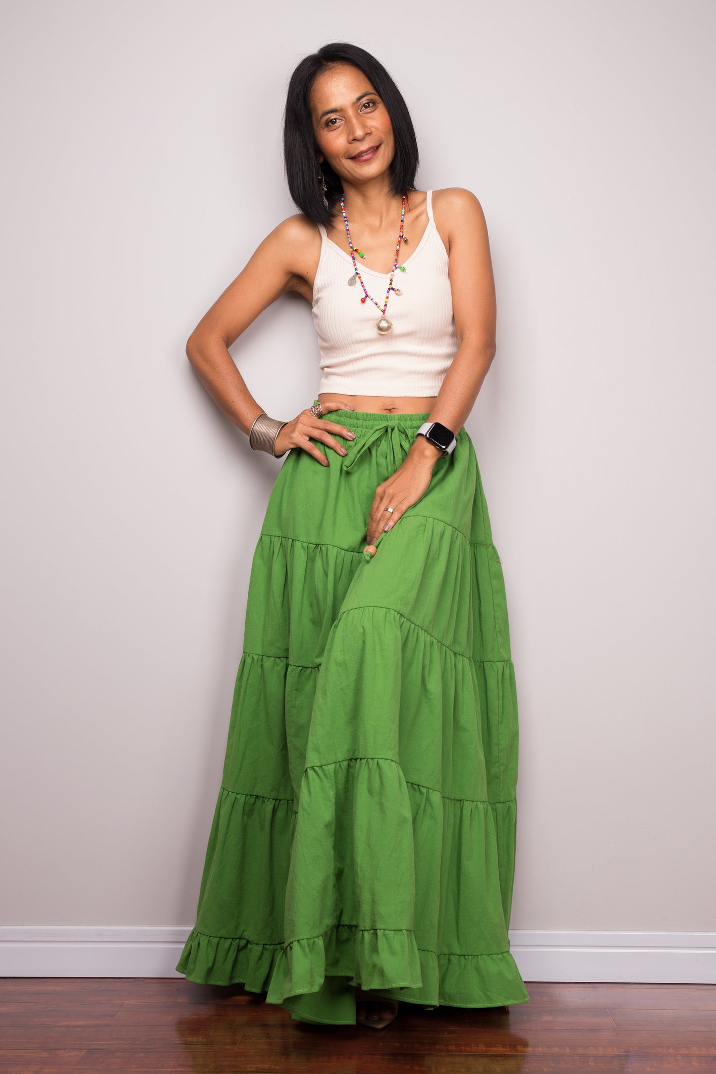 Cotton tiered skirt. Green maxi skirt by Nuichan