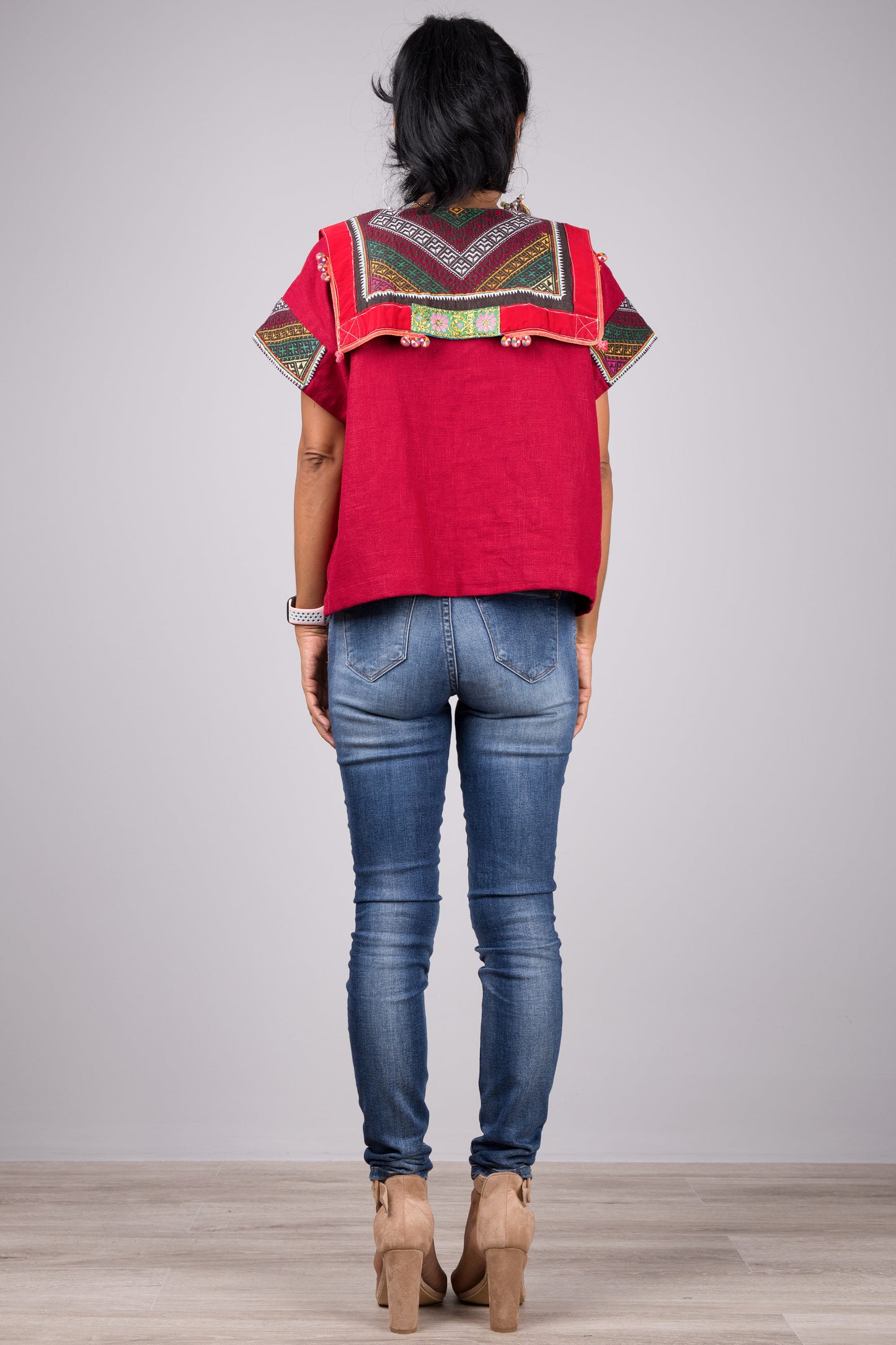 Red kaftan tunic top with hill tribe fabric shoulder part