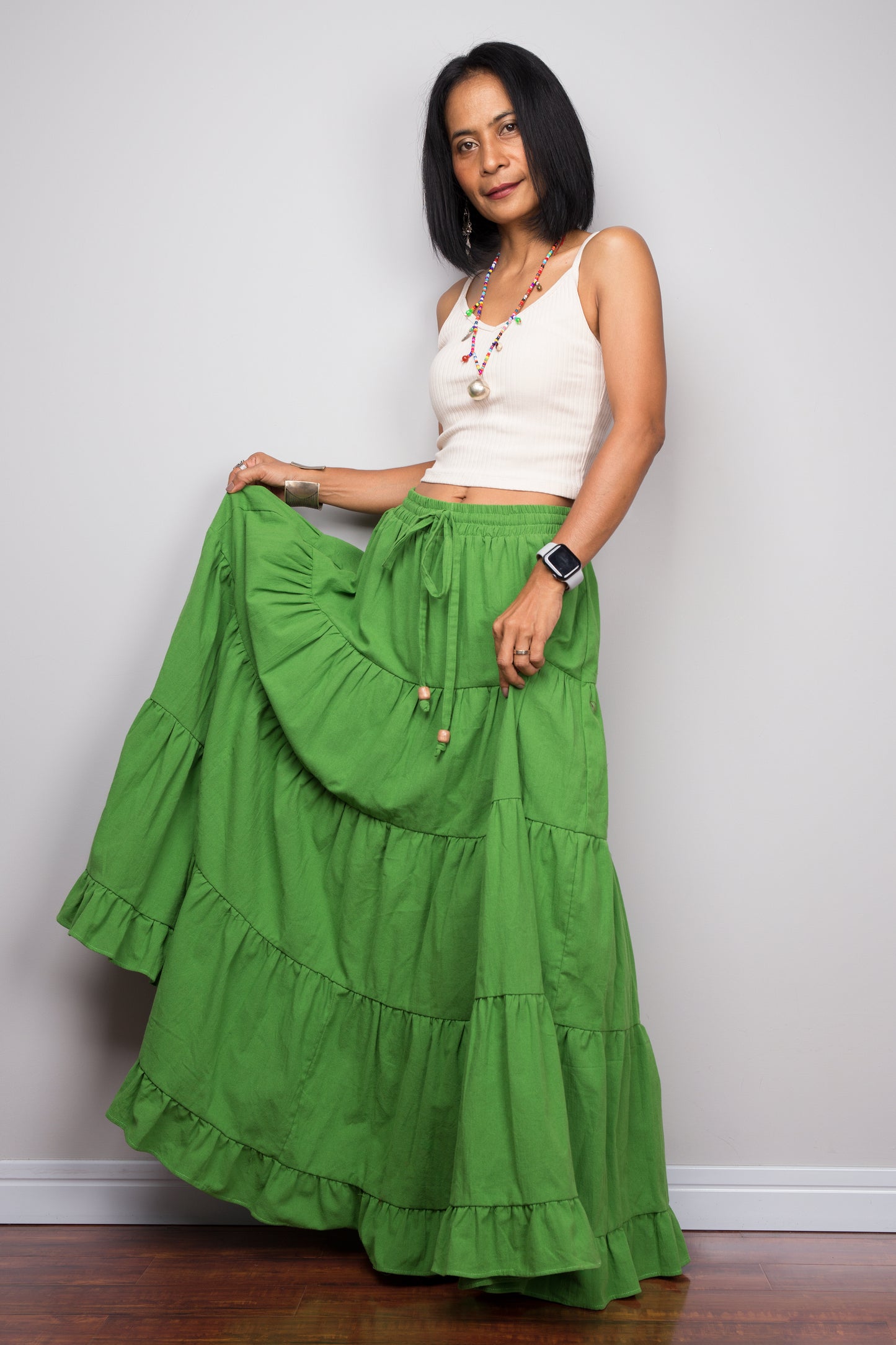 Cotton tiered skirt. Green maxi skirt by Nuichan