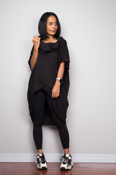 Black pullover tunic dress with cowl neck