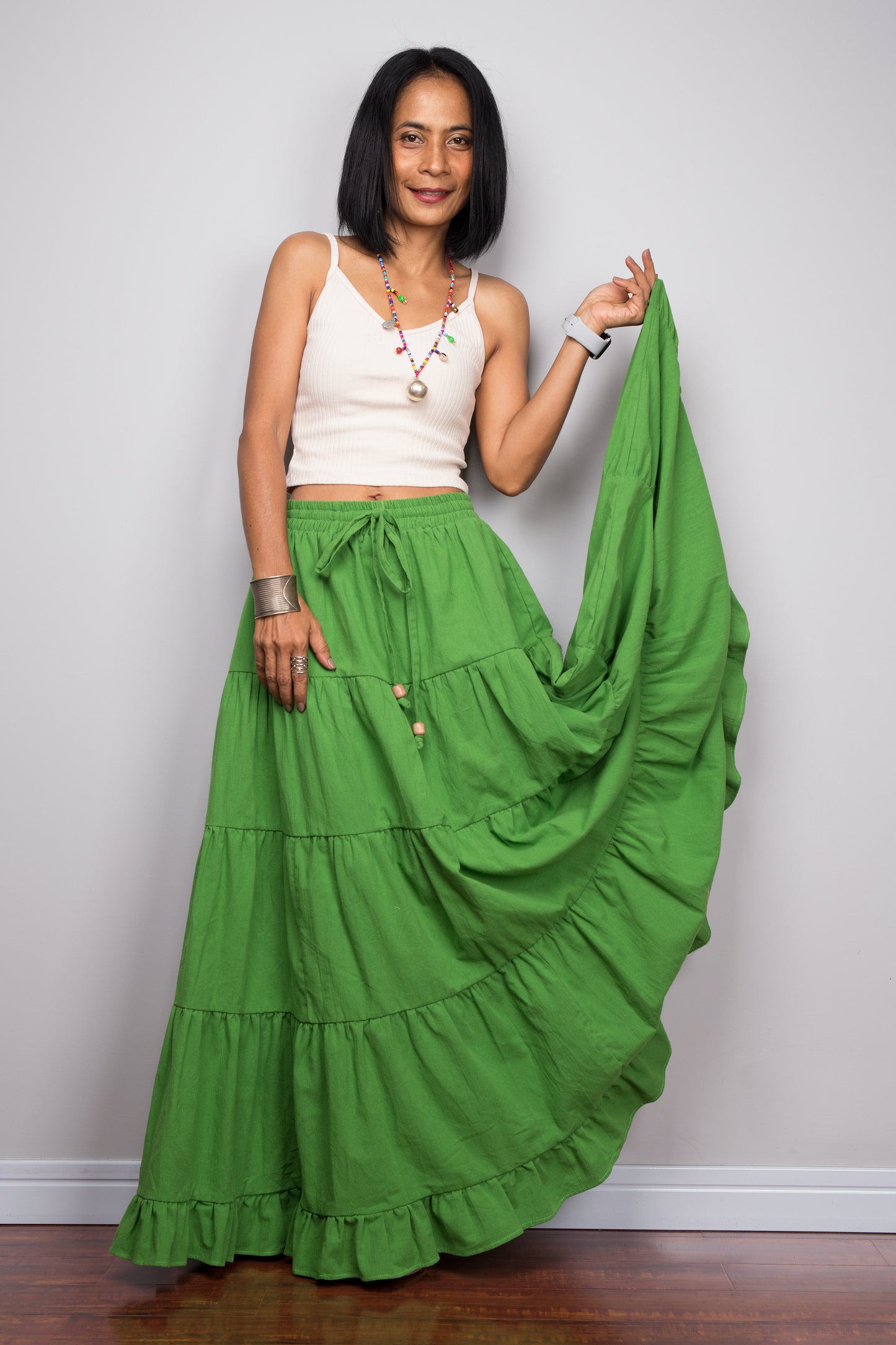 Cotton tiered skirt. Green maxi skirt by Nuichan