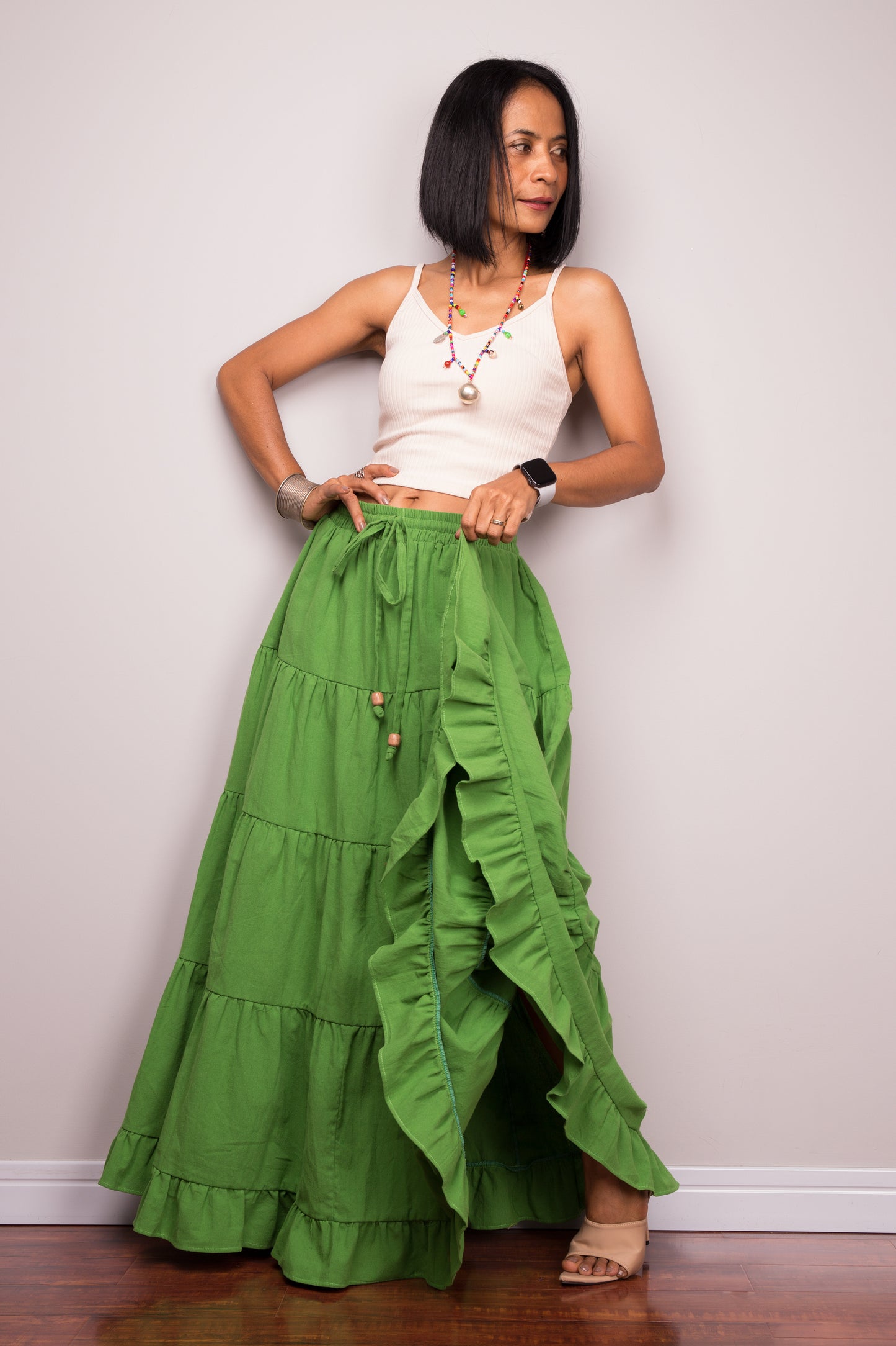 Cotton tiered skirt. Green maxi skirt by Nuichan