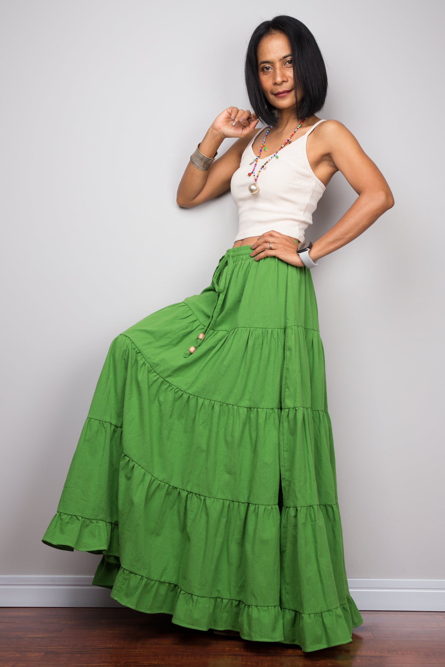 Cotton tiered skirt. Green maxi skirt by Nuichan