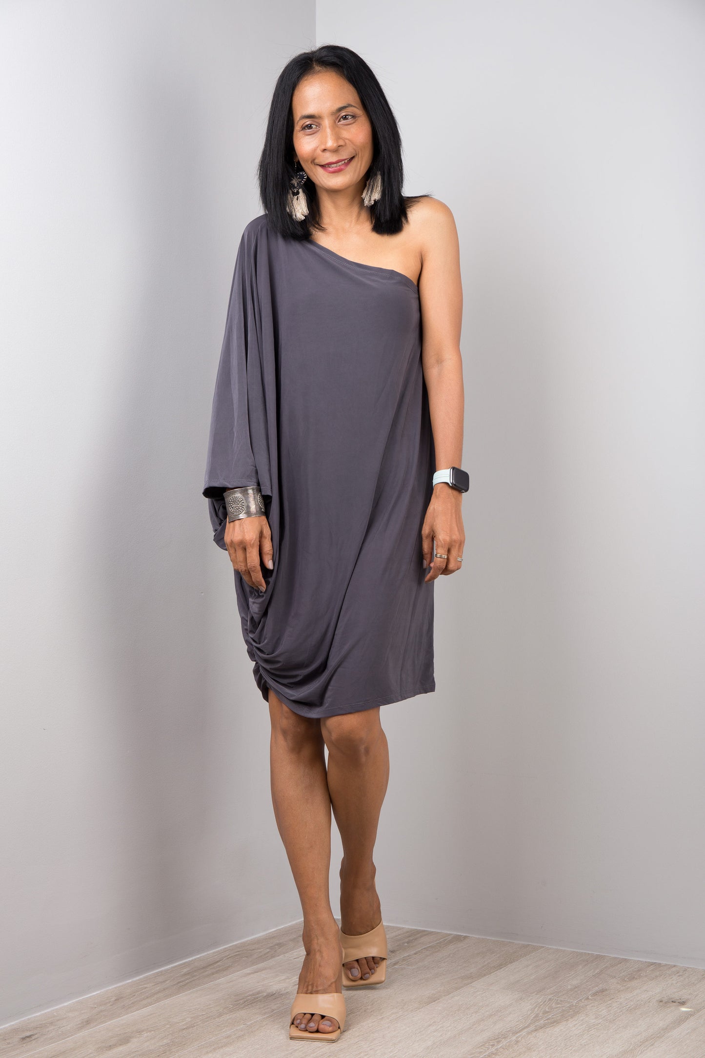 Short Grey dress. Off shoulder cocktail dress by Nuichan