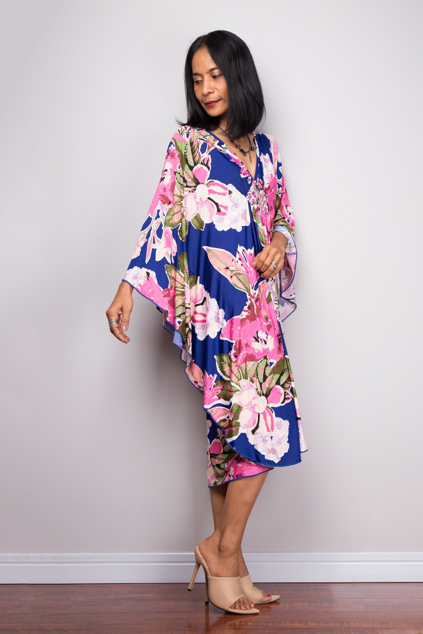 floral kaftan dress with pink and blue , stretchy ITY fabric, V-neck tie, perfect for boho-chic summer outfits