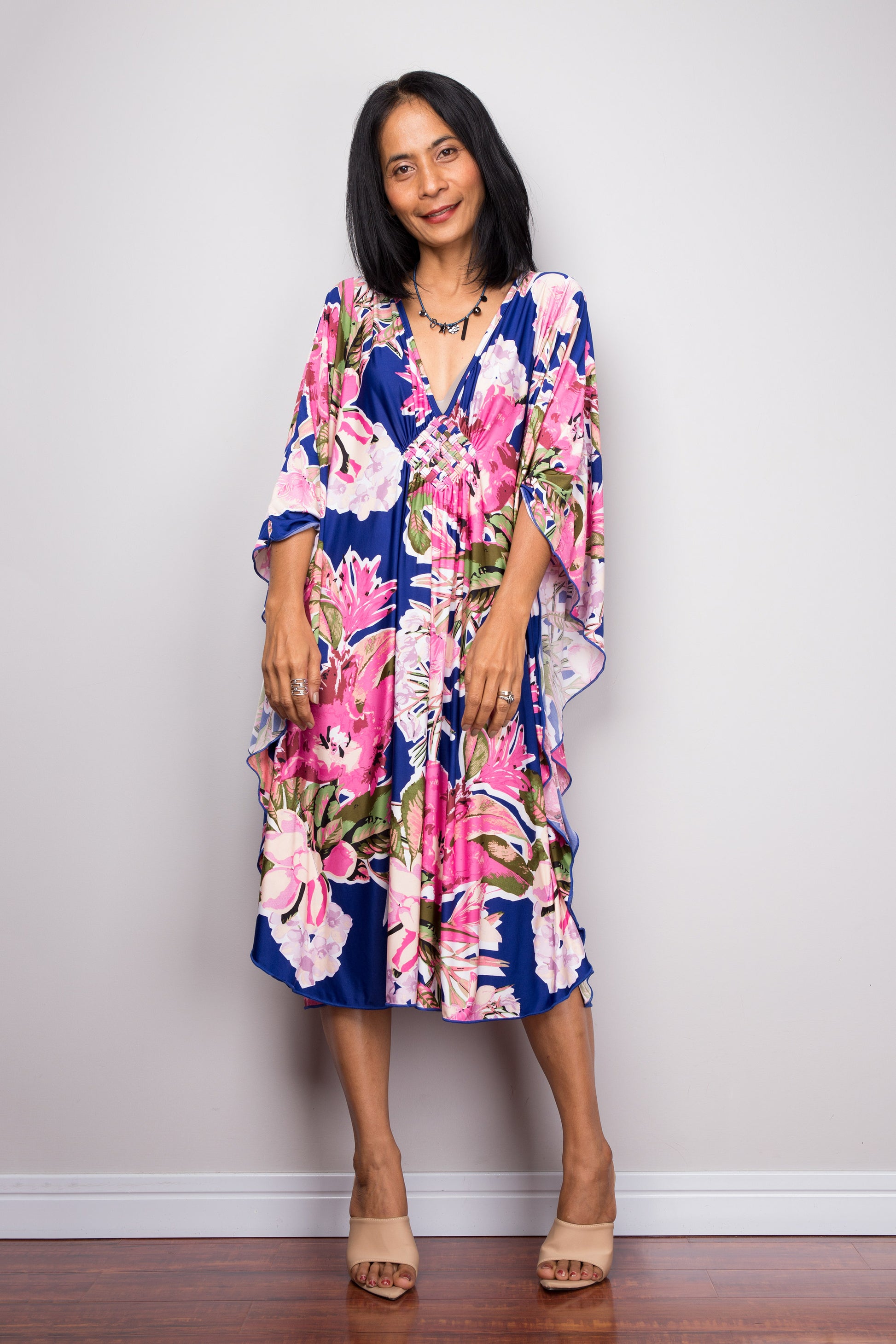 Women’s tropical ITY polyester jersey UK kaftan dress, midi length, wide flared sleeves, great for casual or beach wear in 2025 fashion