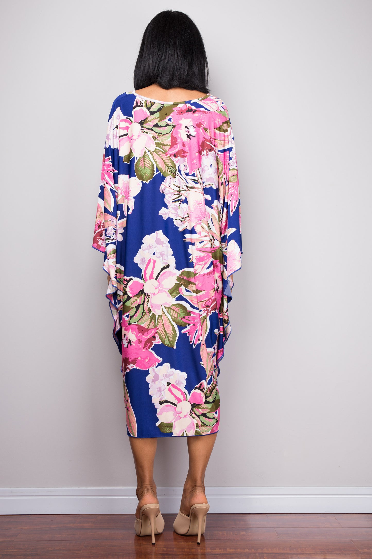 Women’s ITY midi caftan dress with tropical floral print, wide sleeves, V-neck with tie, great for boho summer wardrobe