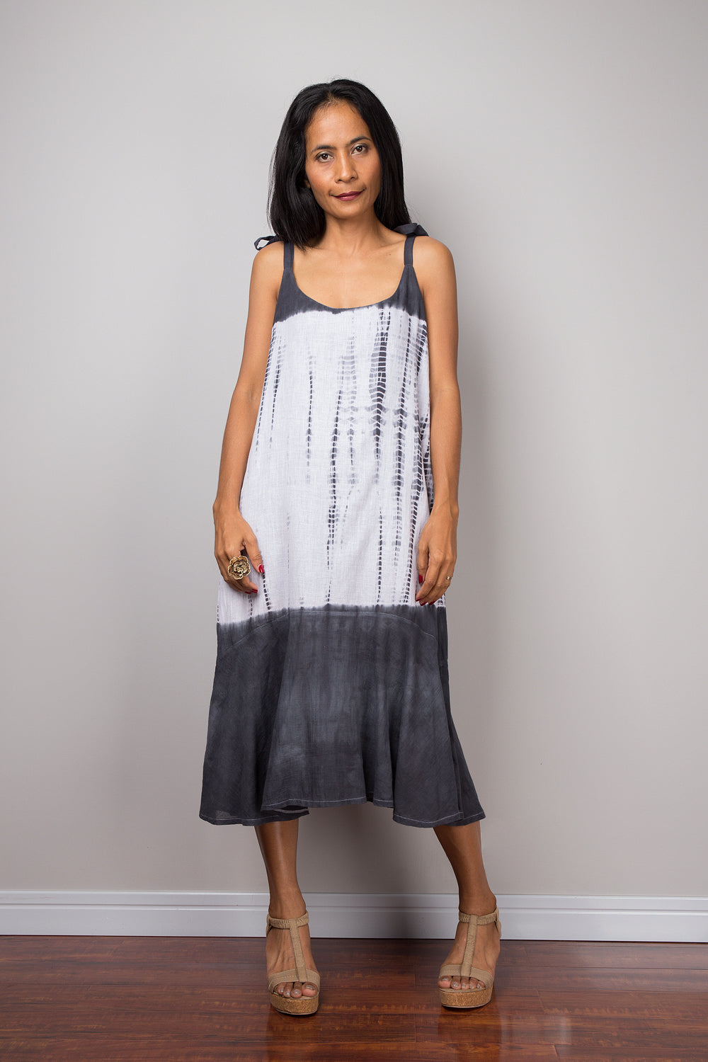 Tie dye strap dress by Nuichan. Black and white shibori summer dress