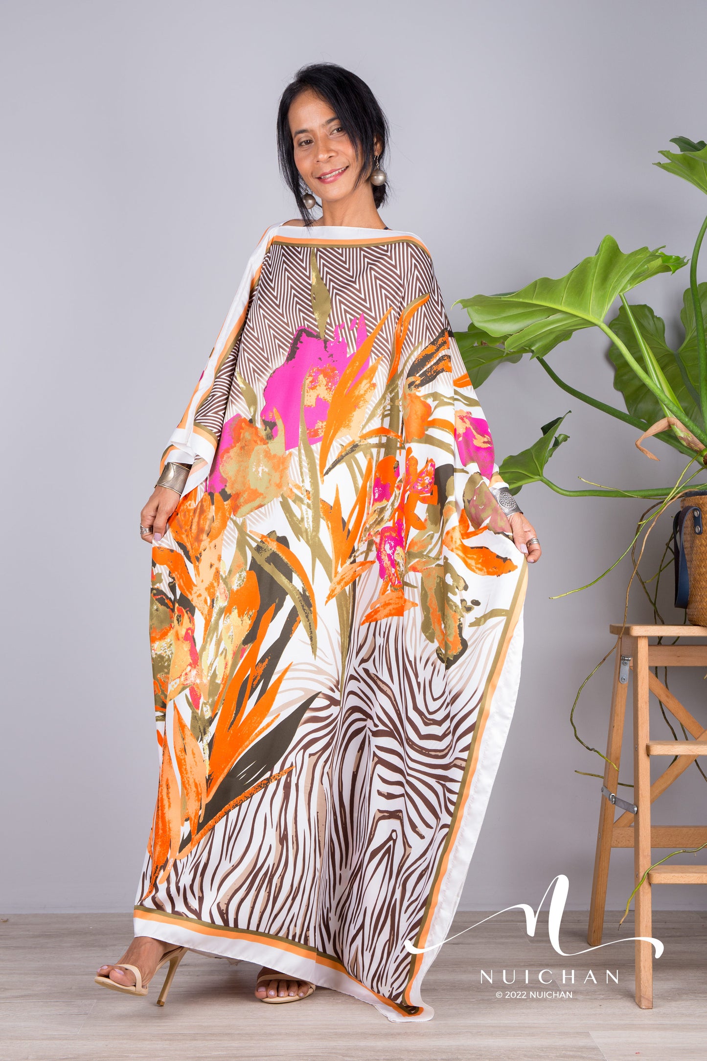 Nuichan women's silk kaftan dress | Tropical print dress online