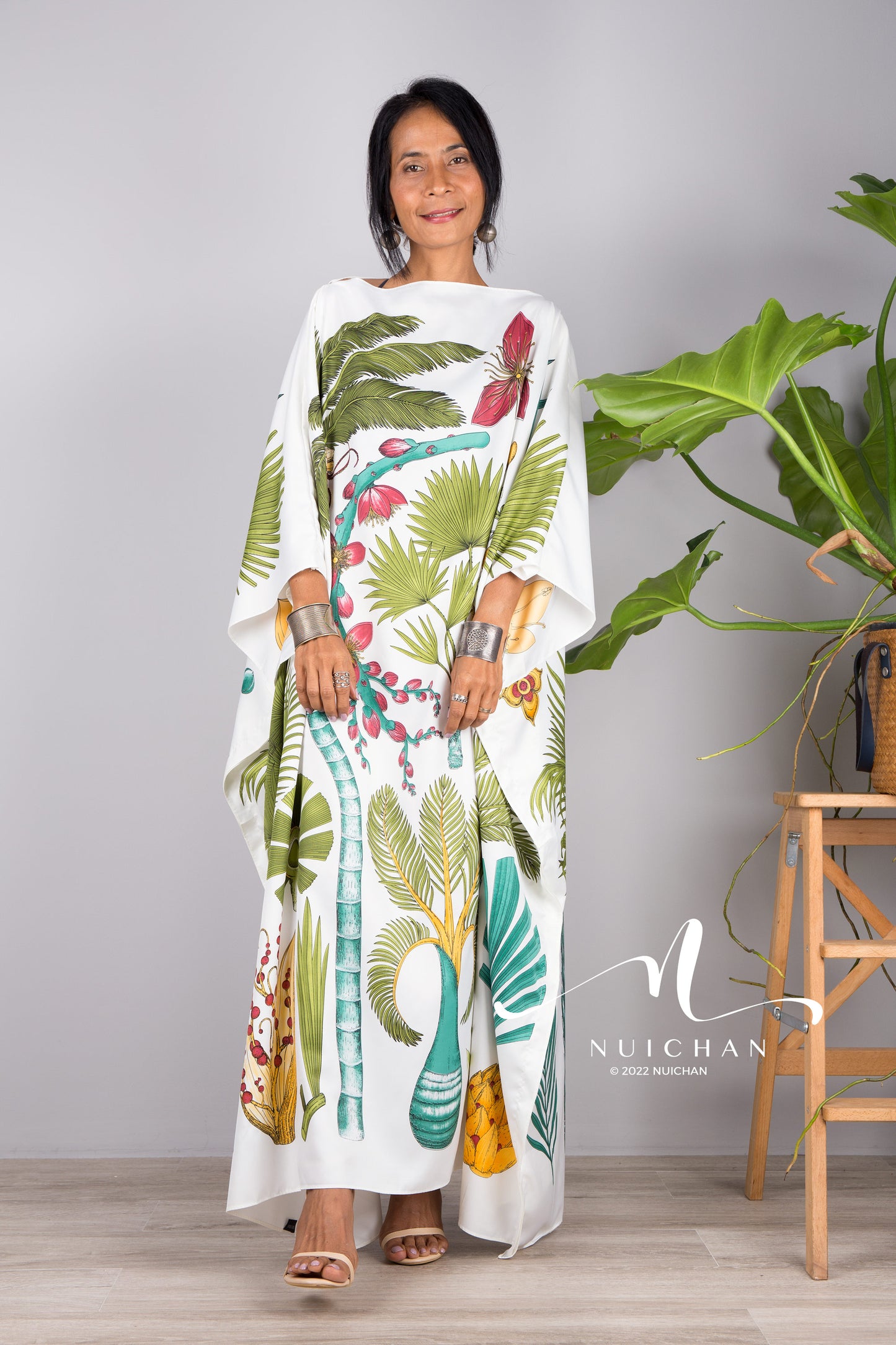 Nuichan women's silk white kaftan dress | Tropical print dress online