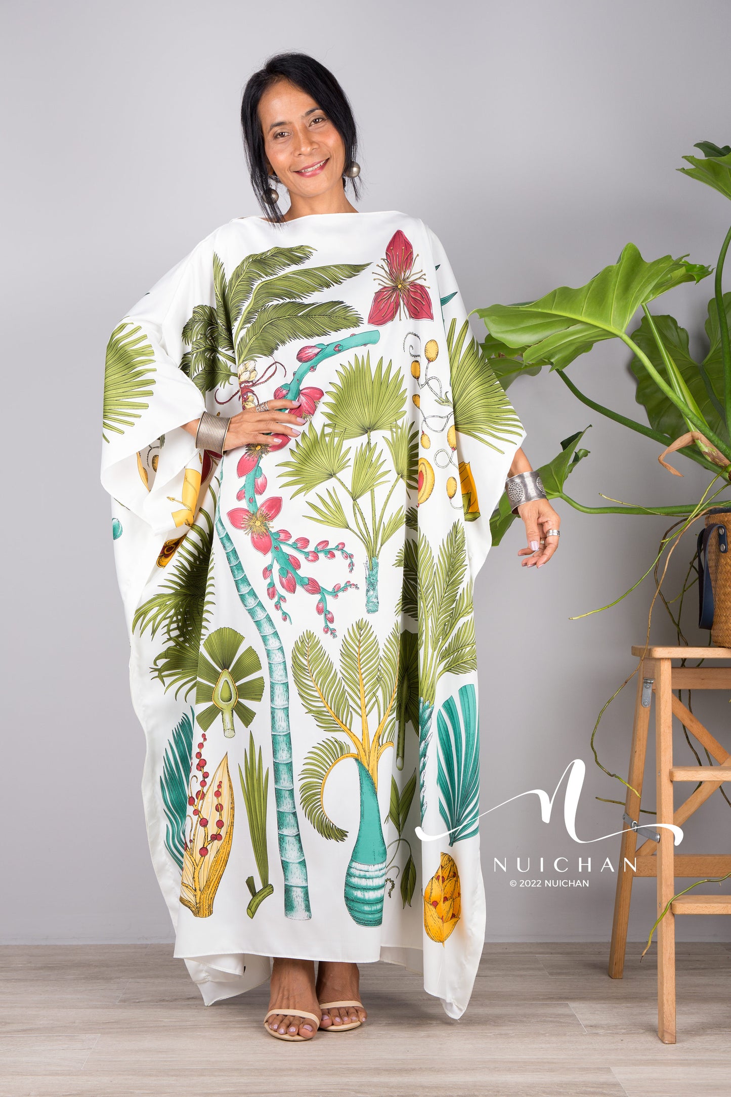 Nuichan women's silk white kaftan dress | Tropical print dress online