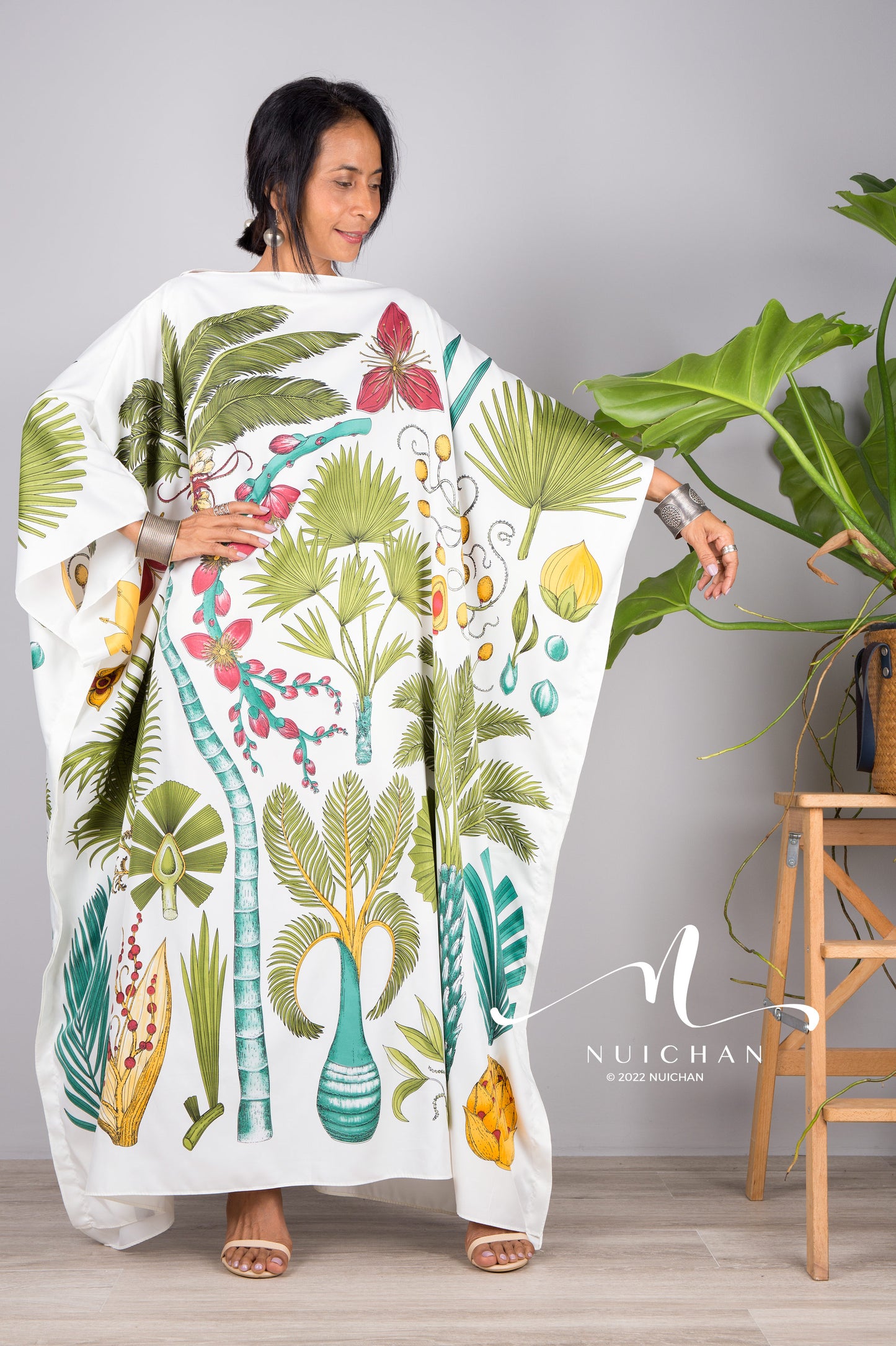 Nuichan women's silk white kaftan dress | Tropical print dress online