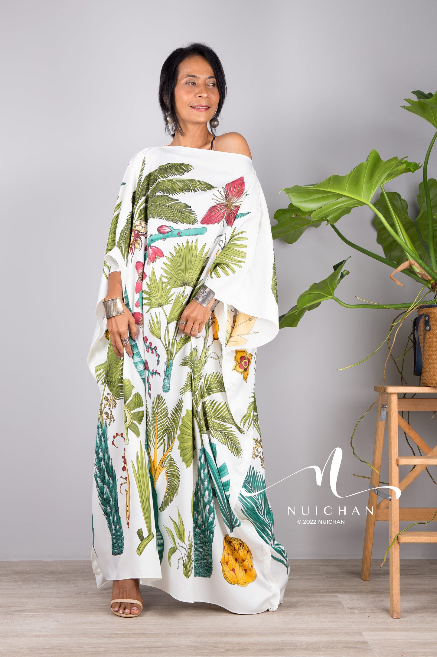 Nuichan women's silk white kaftan dress | Tropical print dress online