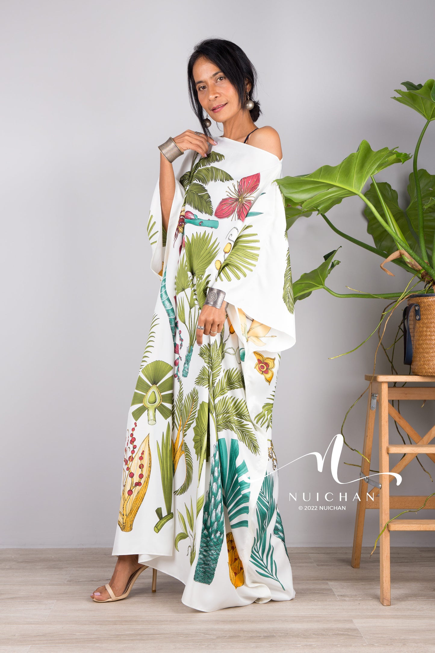 Nuichan women's silk white kaftan dress | Tropical print dress online